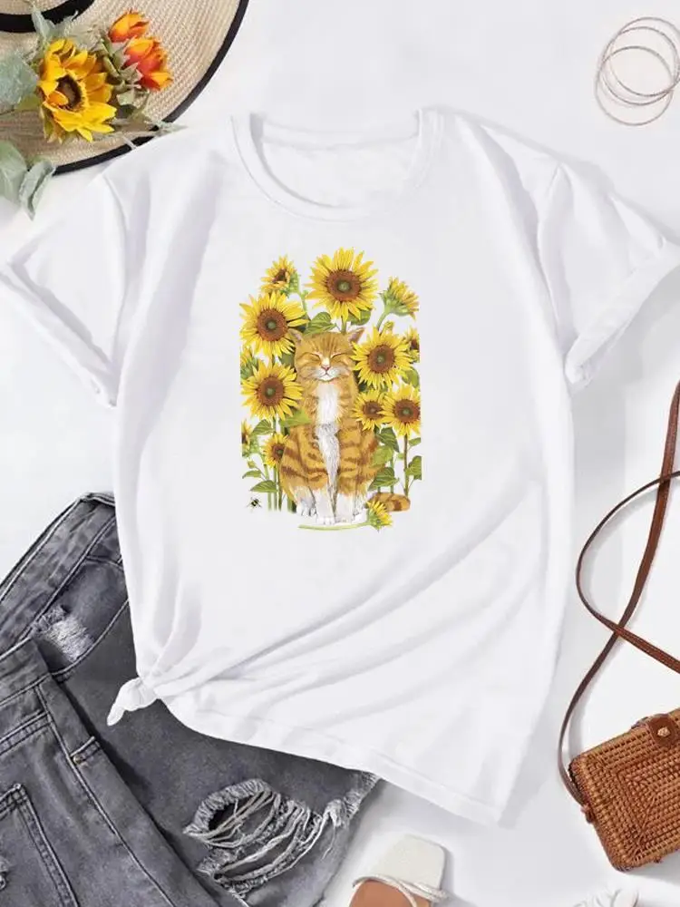 

Flower Lovely Plant Cat 90s Short Sleeve Clothes Women Fashion Summer Print Graphic T-shirt Top T Shirt Clothing Tee