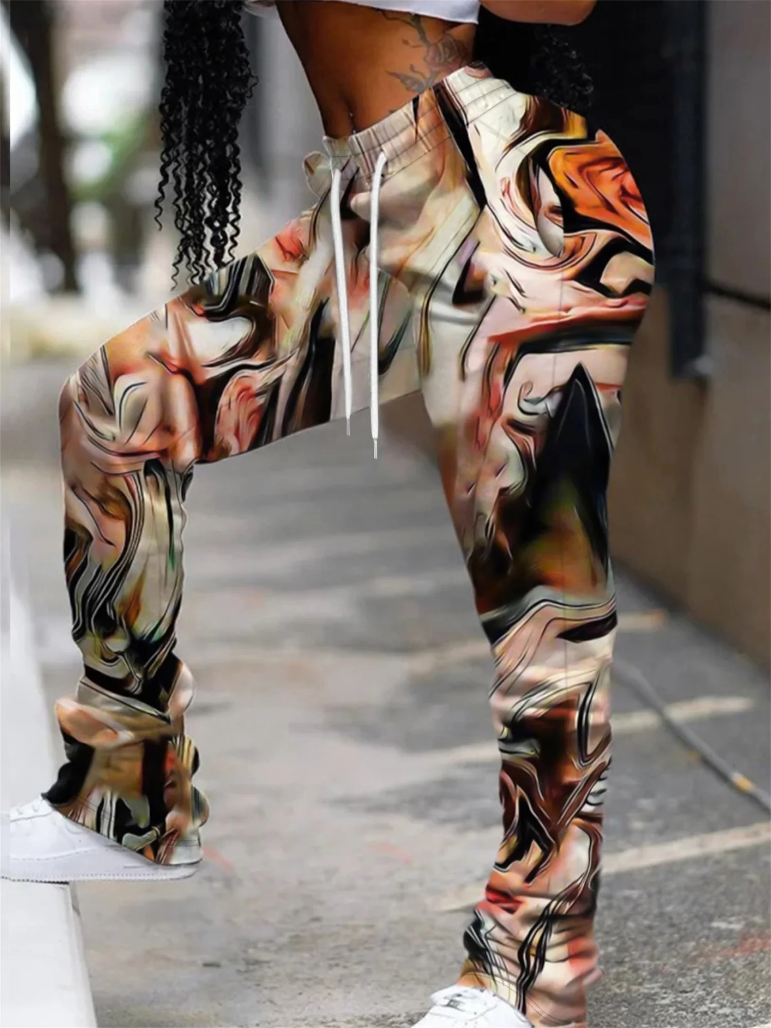 LW Multicolor Print Plus Size Pants High Waist Basic Color Contrast Pants Women's Drawstring Flare Tousers Oversized Bottoms