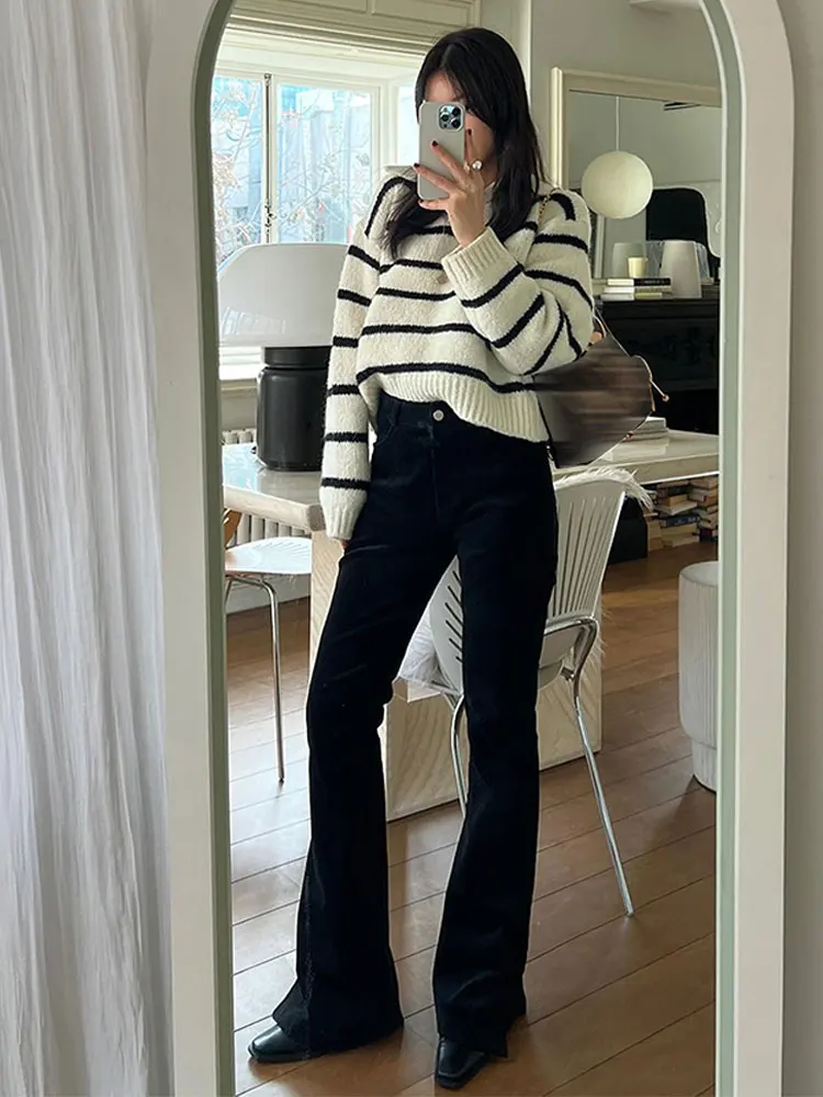 

Women Fashion Loose Striped Knitted Sweaters Vintage Korean Polo Collar Long Sleeve Pullovers Female Autumn Winter Chic Tops