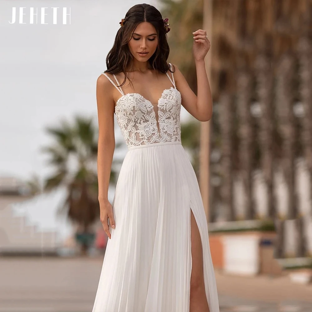 pink wedding dress JEHETH Spaghetti Straps Chiffon Side Slit Beach Wedding Dresses Lace Appliques A-Line Open Back Bohemian Bridal Gown Sweep Train mermaid wedding dress