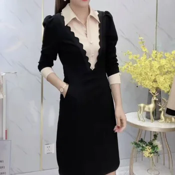 Abito con colletto a camicia piccolo da donna in autunno e inverno Nuova gonna di media lunghezza attillata in vita sottile 1