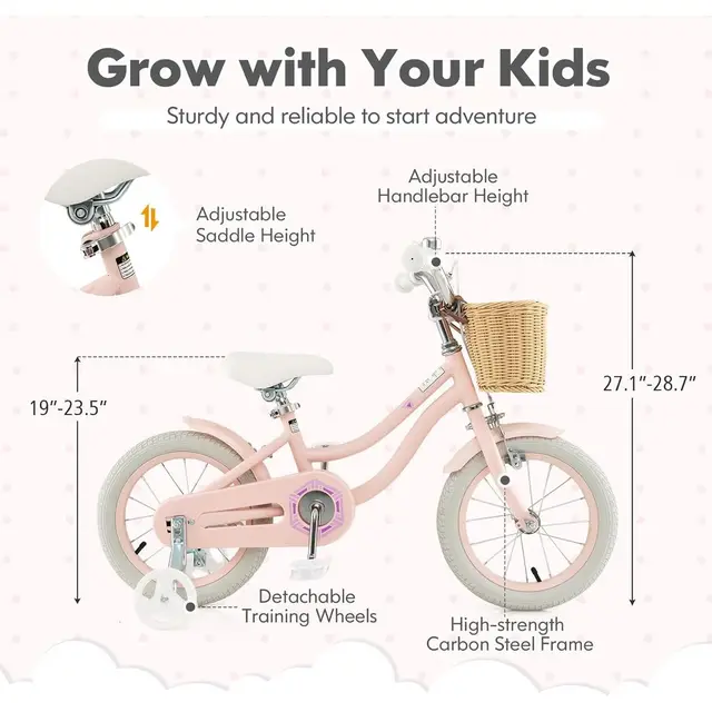 Children's Bike, 14-18 Inch with Training Wheels, Basket, Adjustable Seat & Handlebar, Hand Brakes, Suitable for Ages 3-8