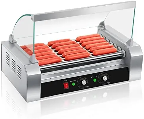 

Dog Roller, 18 Hot Dog 7 Roller Grill Cooker Machine with Removable Stainless Steel Drip Tray and Glass Hood Cover, 1000-Watts,