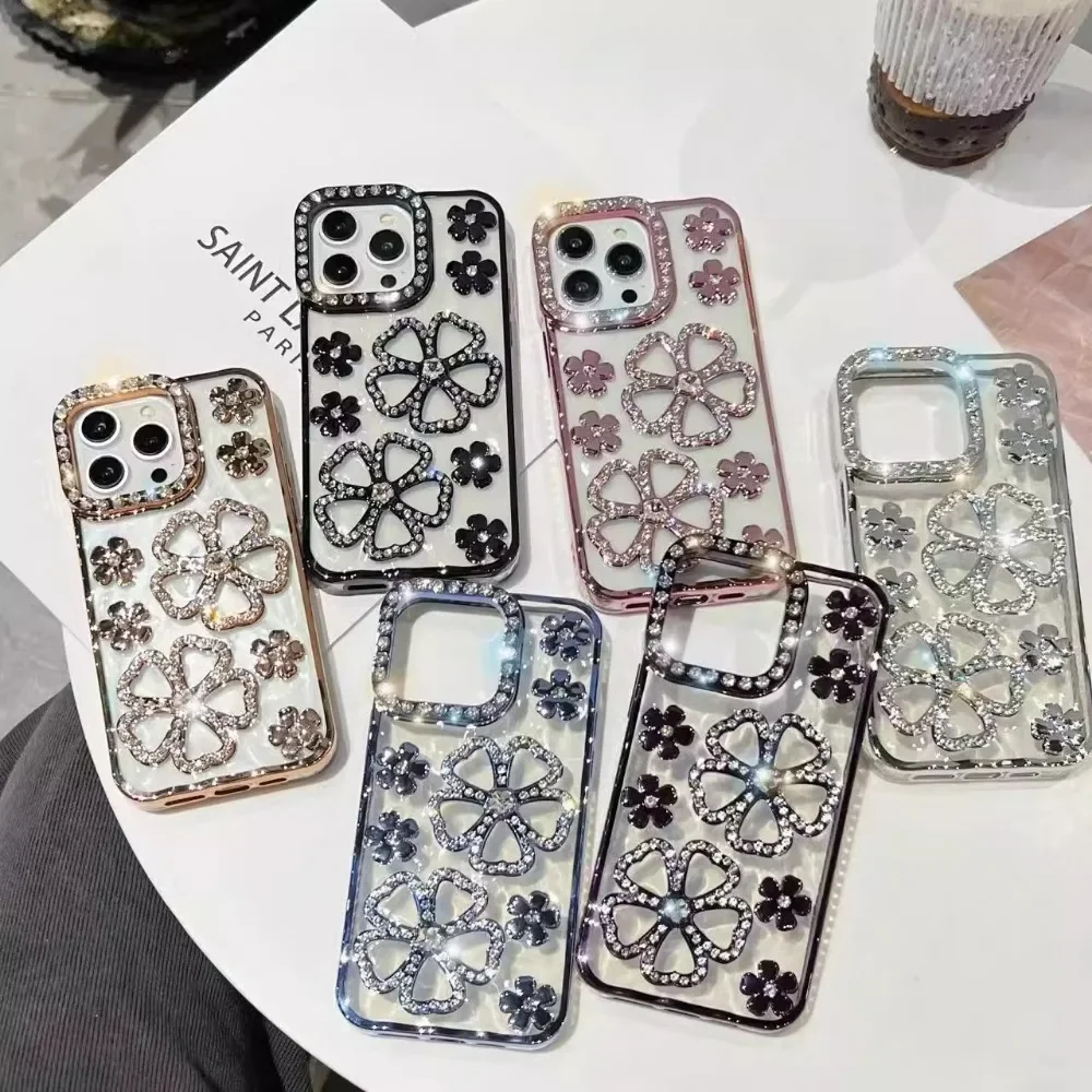 Iphone case Phone case Glitter Diamond Flower Plating Case for iPhone 16 15 14 Pro Max 12 13 11 X Xr Xs 7 8 Plus Bling Rhinestone Soft TPU Clear Cover