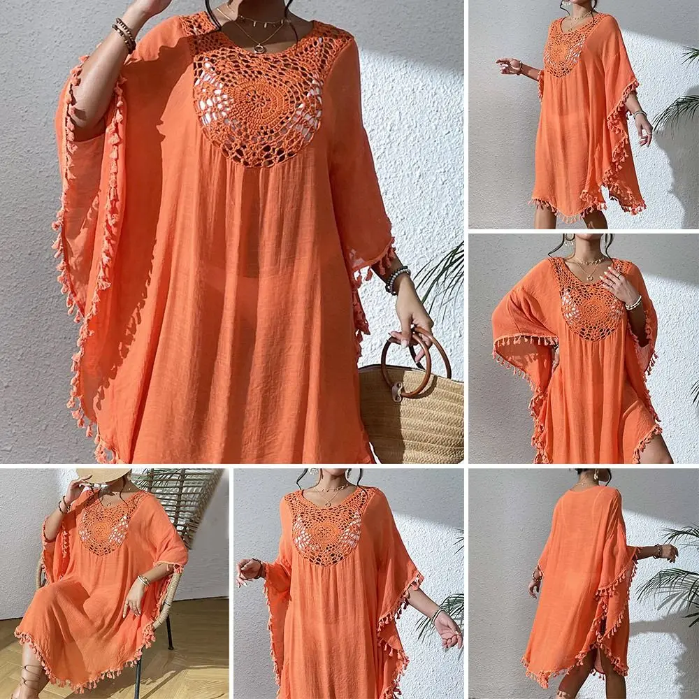 Square Neck Summer Sunscreen Smock Loose Casual Swimsuit Cover Up Dress Bathing Suit Hollow Out Bikini Cover-Ups for Women 5