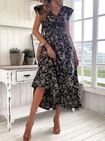 Plus Size Cross border European and American Women's Summer New Style Fashion Floral Long Sleeve Waist Large Swing Connection - Image 5
