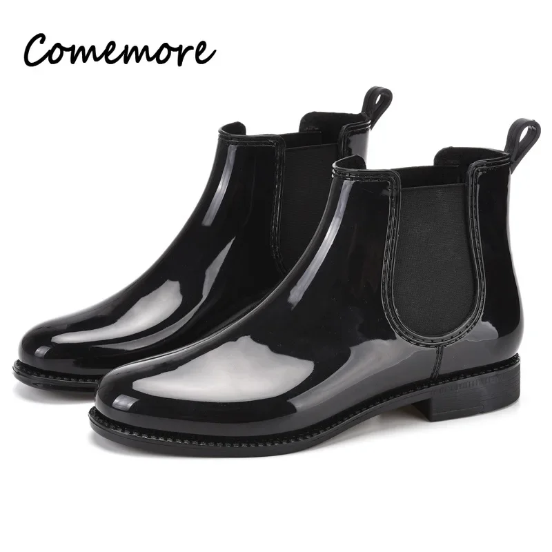 

Comemore Rain Boot Waterproof Round Toe Elastic Band Low Heels Fashion Non-slip Ladies Rubber Shoes Women Chelsea Ankle Boots 41