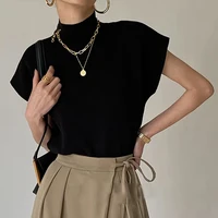 Mode col montant mince femmes tricoté gilet ample solide élégant hauts droits à manches courtes bureau dame t-shirt chemise ample 2
