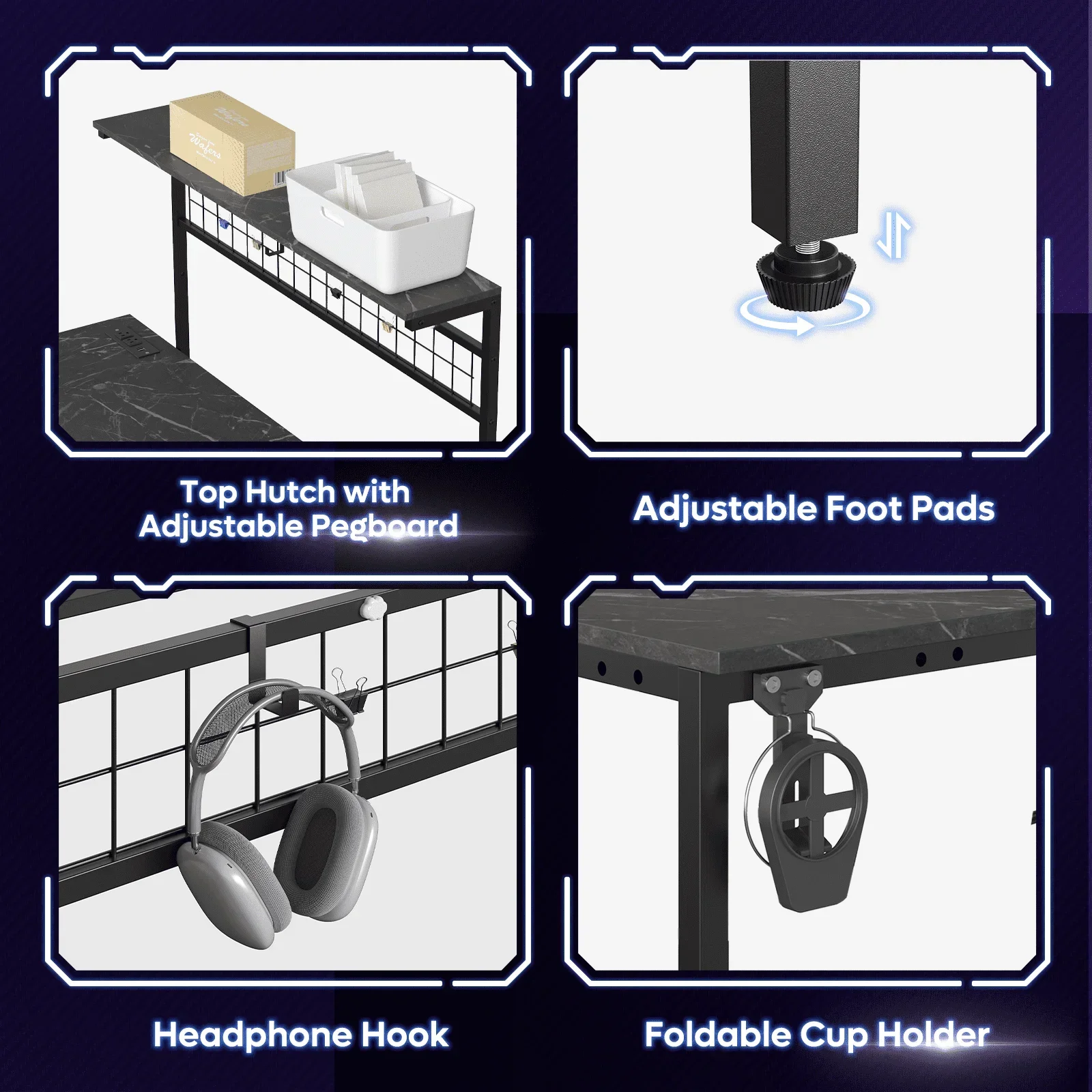 L-Shaped Reversible Gaming Desk with Power Outlet and 4 Tiers Shelves, Black Marble 6
