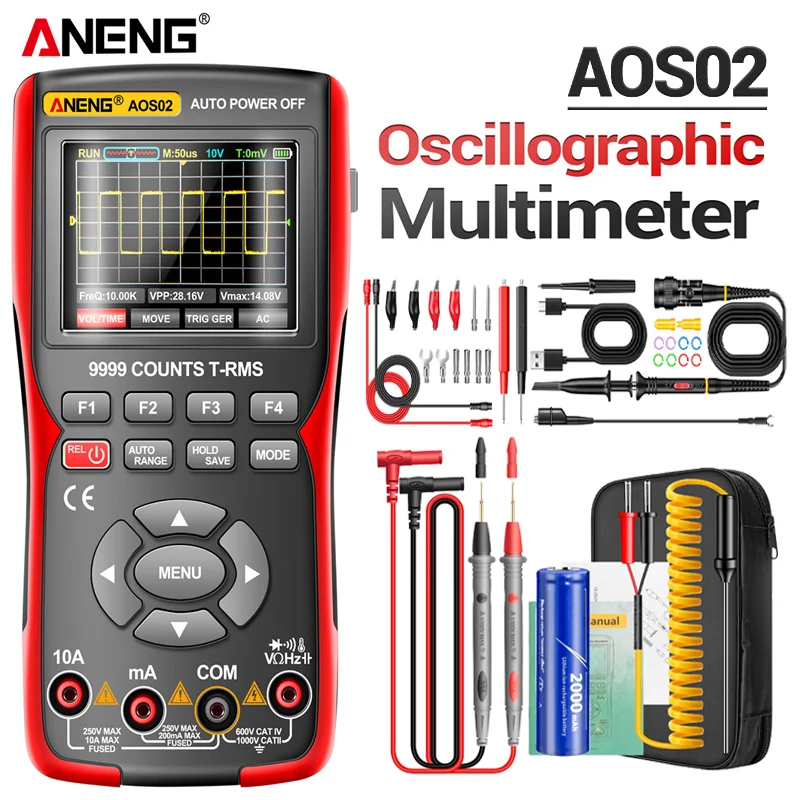 ANENG-Oscilloscope numérique AOS02, test de transistor, multimètre, taux d'échantillonnage 48ms, 10 Z successifs, bande passante analogique, prise en charge du stockage de formes d'onde