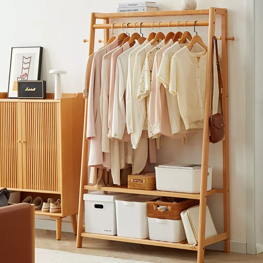 Bamboo Clothes Rail Rack Free Standing Garment Rack with 3 Storage Shelves and 10 Hooks