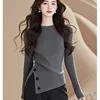 Autumn Winter Fashion Simple Knit O-neck Sweaters Women's Vintage Chic Asymmetrical Pullovers Office Lady Elastic Slim Solid Top 1