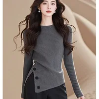 Autumn Winter Fashion Simple Knit O-neck Sweaters Women's Vintage Chic Asymmetrical Pullovers Office Lady Elastic Slim Solid Top 1