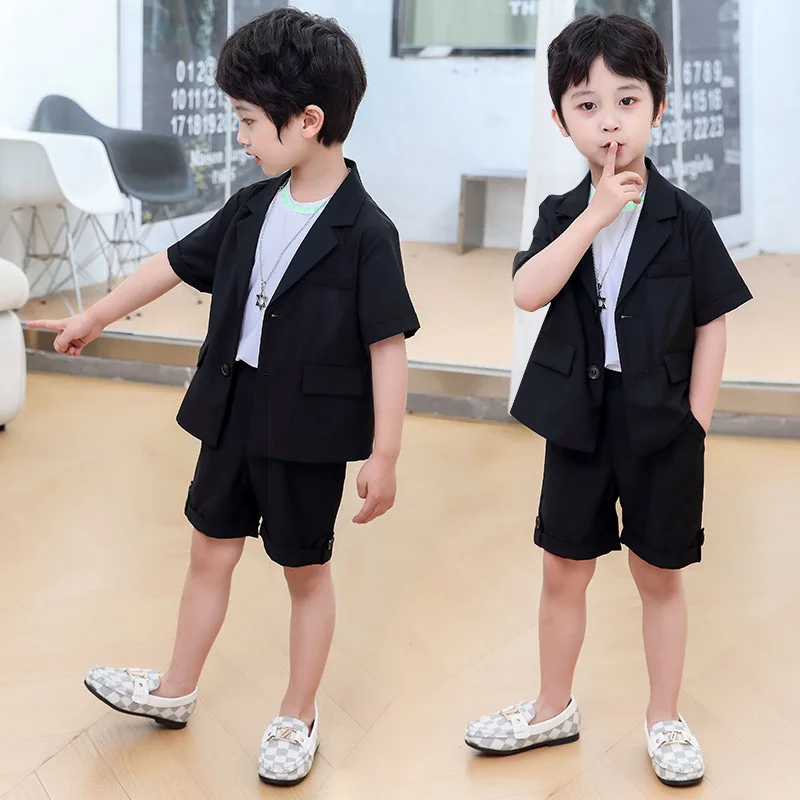 Children&s Summer Solid Color Suit Set Korean Handsome Boys Party Performance Costume Kids Short Sleeve Blazer Shorts 2-14t