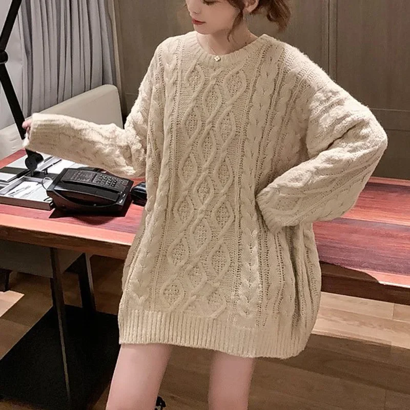 

Autumn Winter Knitted Sweater Solid Color O-Neck Long Sleeved Loose Womens Sweater Warm Female Pullovers