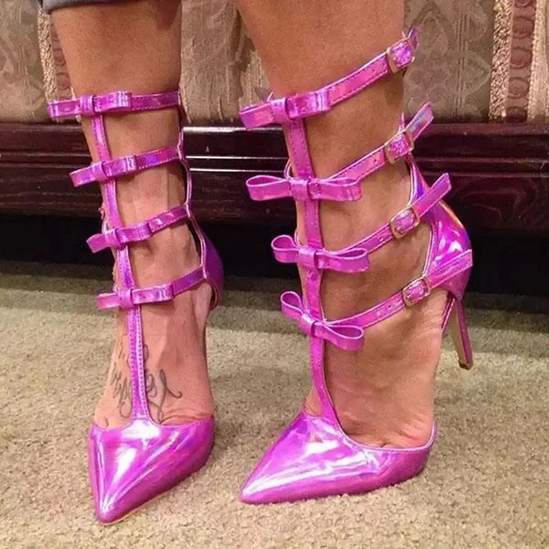 

Hologram Iridescent Metallic Leather Heel Pumps Shoes Bowtie Knot T Strap Pointed Toe Hollow Club Party Shoes