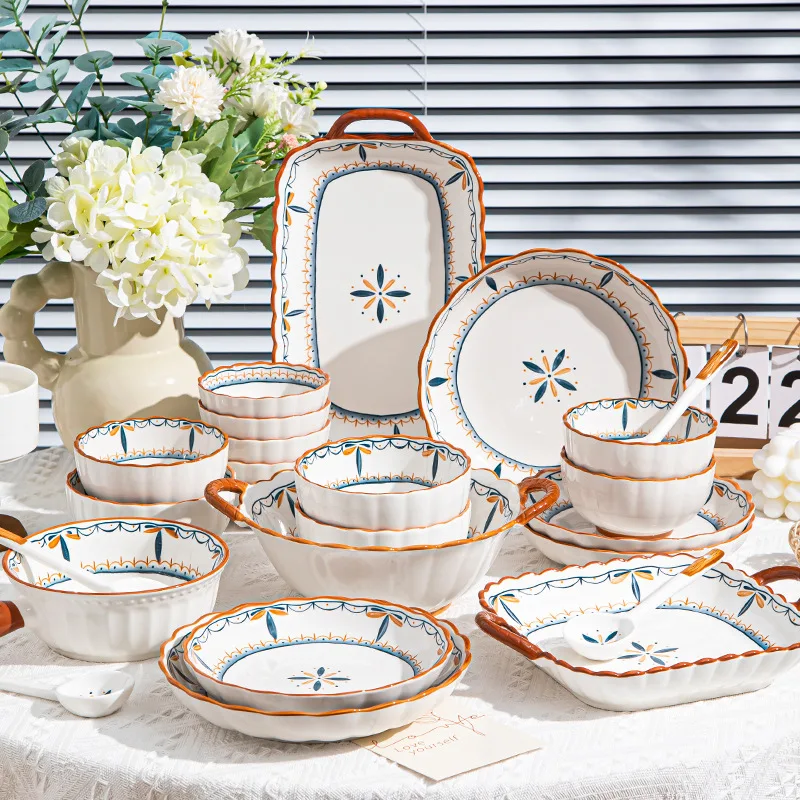 

Bowls with High Aesthetic Value Simple Bowl and Plate Combination Household Bowls Ceramic Underglaze Color Tableware Plates
