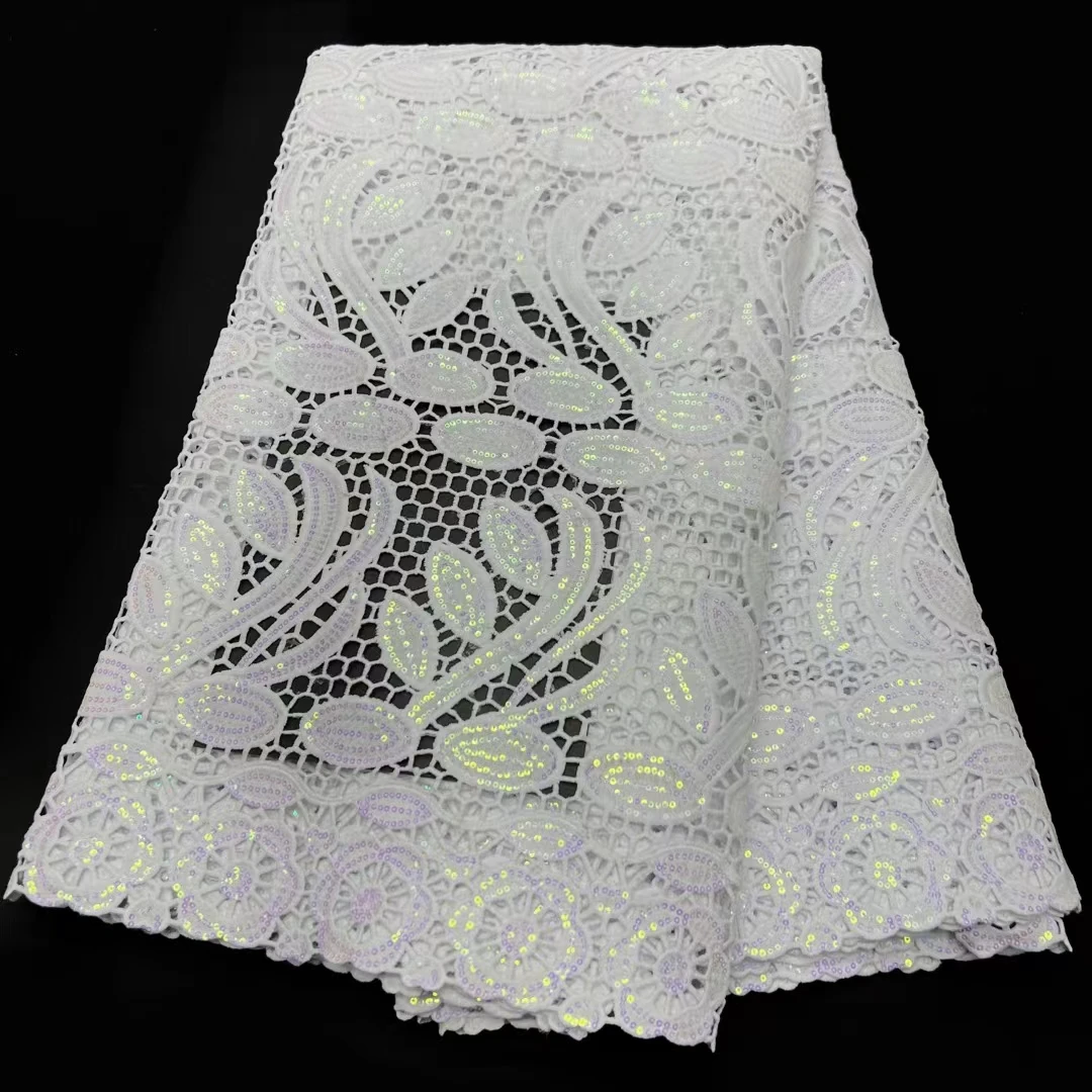 

Hot Sales Latest White Riche Guipure Lace High Quality African Eembroidery Cord With Sequin Fabric for Party Dress NN8355