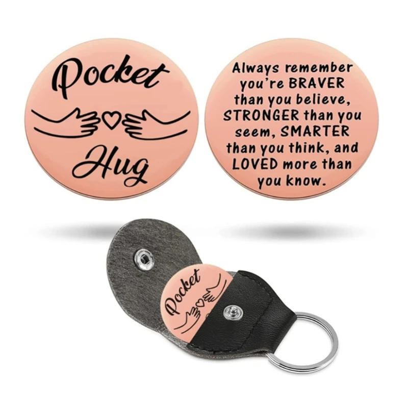 Pocket Hug keychain Stainless Steel Double Sided Tokens with PU Leather