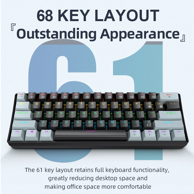 APAYADO K61 Mini Gaming Keyboard 60% Portable Wired 61-Key RGB Lighting Red/Blue Switch Selectable Black/White/Red Colors