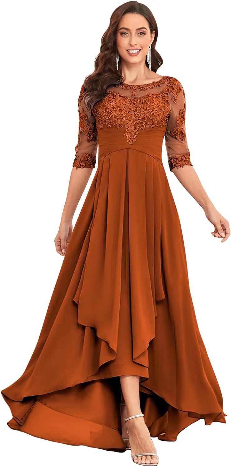 Mother Of The Bride Dress - Burnt Orange Long Chiffon Gown With Lace Applique | Formal Evening Wear