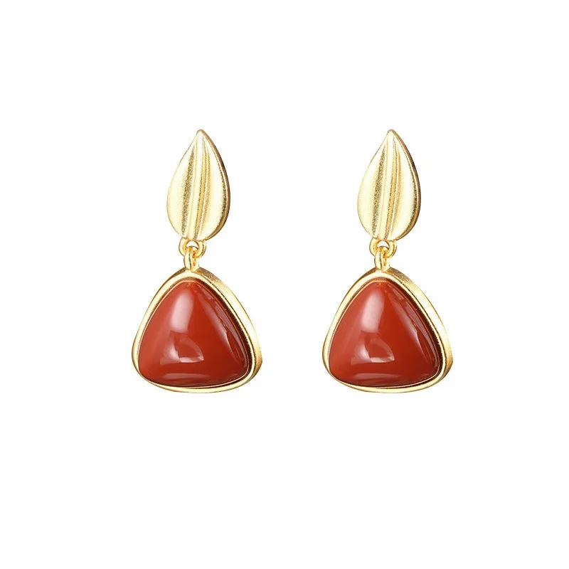 

ES210 ZFSILVER S925 Silver Korean Fashion Trendy South Red Agate Dangle Geometry Leaf Earrings Jewelry Women Match-all Girl Gift