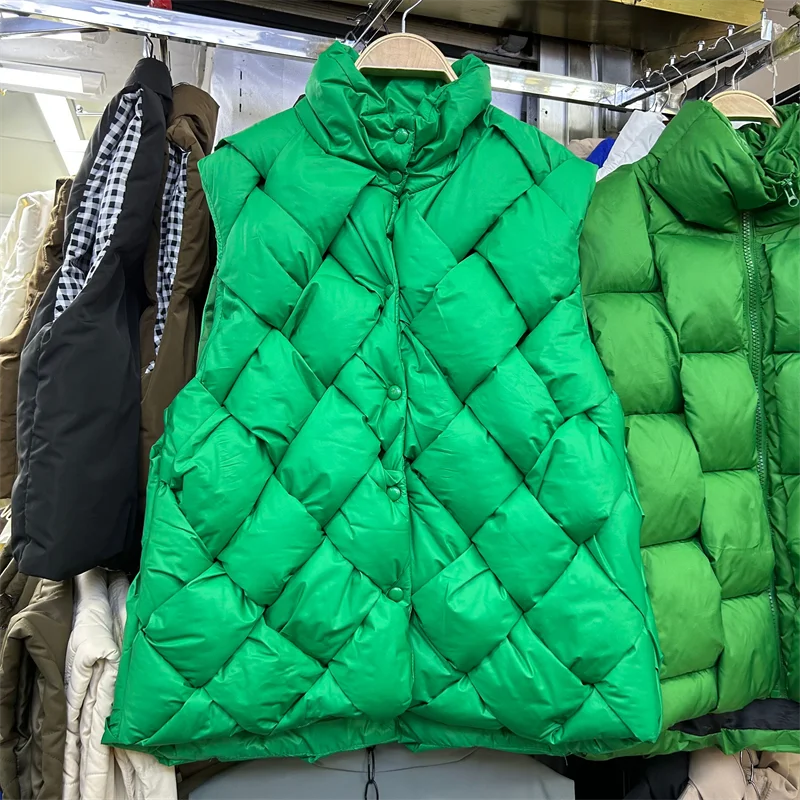 

2023 Fashion Weave Plaid Women Short Cotton Vest Autumn Winter Stand Collar Sleeveless Female Cotton Waistcoat Green Blue White