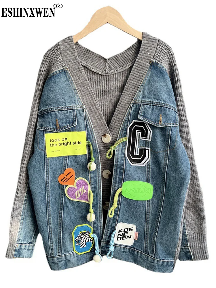 

Eshin Spliced Denim Stickers Knit Cardigan Sweater Loose V-Neck Long Sleeve Top Women 2023 New Autumn Y2k Clothes TH5315