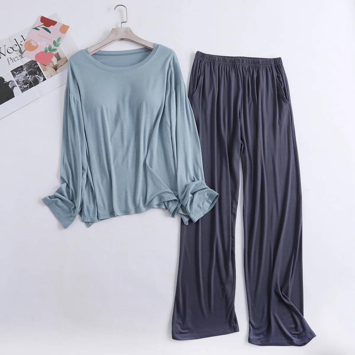 Women's Modal Nigtgown 2pcs pajama sets long sleeves Tshirt bra padded and trousers Loose Sleepwear comfortable Homewear suit