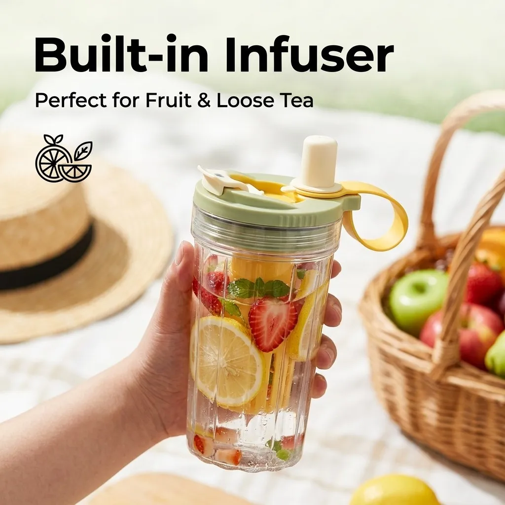 Leak-Proof Transparent Sports Bottle with Reusable Straw and Tea Strainer