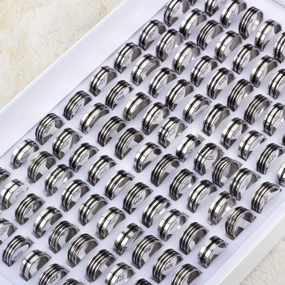 Hot 50/100Pcs Mixed Stainless Steel Black Stripe Rings Wholesale Bulk Men Women Wedding Ring Jewelry Gifts17-21mm Lots 2