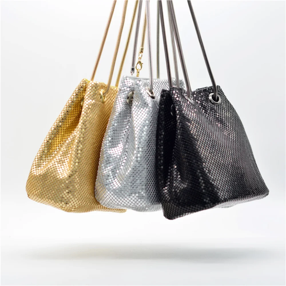 

Fashion Metal Sequins Bucket Bag Shoulder Bag Luxury Chains Party Evening Bags Lady Crossbody Bags Wedding Handbags and Purses