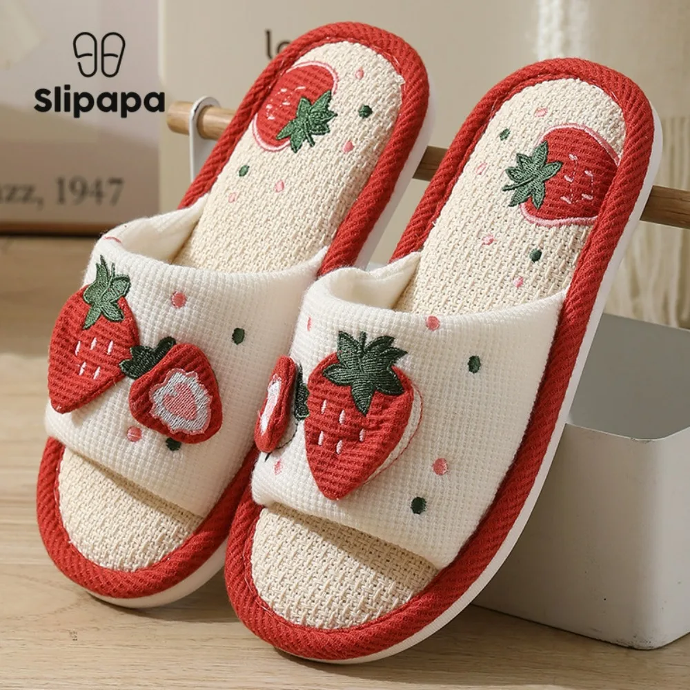 

Women Home Slippers Female Indoor Linen Cotton Spring Slippers Non-slip Cute Strawberry Slippers Autumn Outdoor Walking Slippers