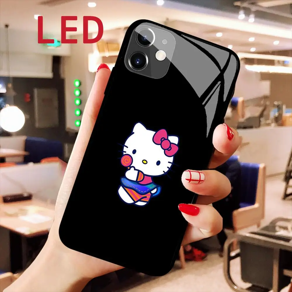 iphone 12 case HelloKitty Animation Glass phone Case For IPhone 13 12 11 Pro Max XS  Max 8Plus 7plus LED Luminous Call Light Flash cover iphone 12 wallet case