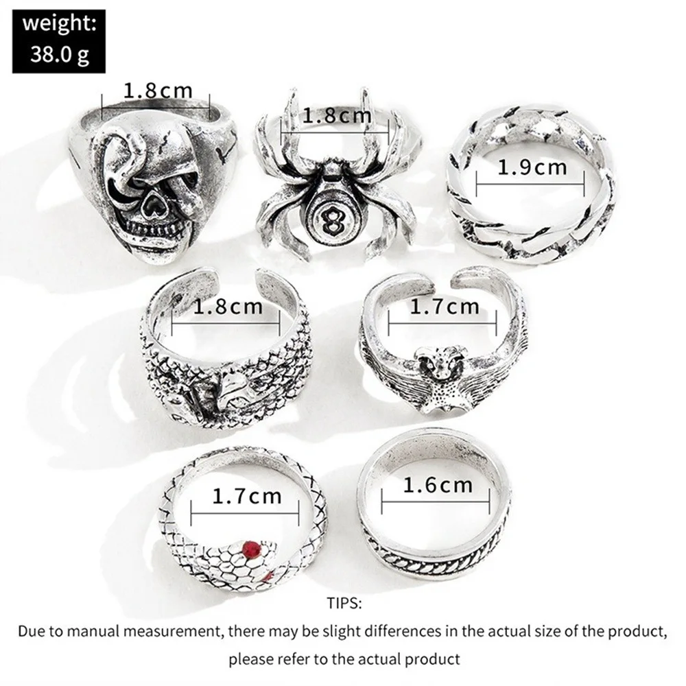 GIFIKOI 16 Pcs Vintage Punk Rings Set Gothic Biker Adjustable Rings Skeleton Skull Ring Drgon Lion Wolf Tiger Head Ring C33