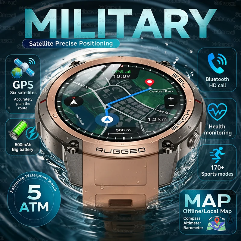 Montre connectée GPS militaire 2026 avec carte hors ligne, écran AMOLED 1,43'', appels Bluetooth, boussole, étanche 5ATM, 170+ modes sportifs pour hommes 1 Montre connectée GPS militaire 2026 avec carte hors ligne, écran AMOLED 1,43'', appels Bluetooth, boussole, étanche 5ATM, 170+ modes sportifs pour hommes 1