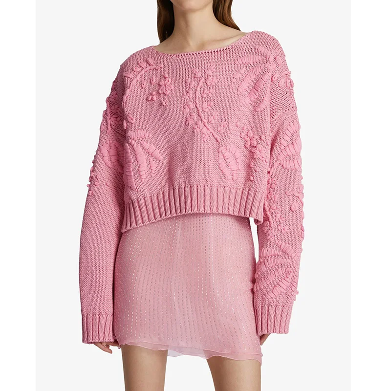 

Fashion Pink Skirts Sets Women Elegant Pure Cotton Hand Embroidery Floral Motifs Sweater Slim Silk Rhinestones Mini Skirt New 23