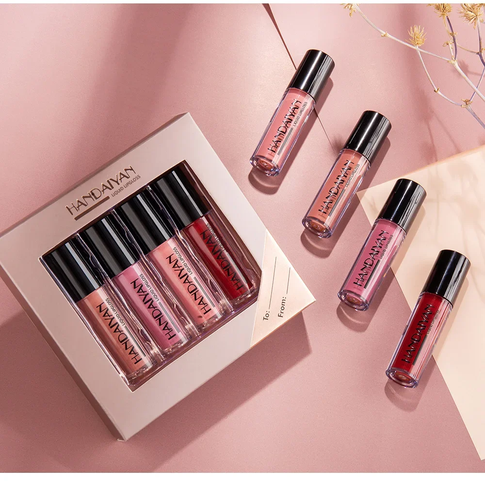 HANDAIYAN Lipstick Gifts Set Sexy 4 Colors Matte Lip Gloss Waterproof Non-stick Cup Natural Lasting Lip Tint Cosmetics Makeup 5