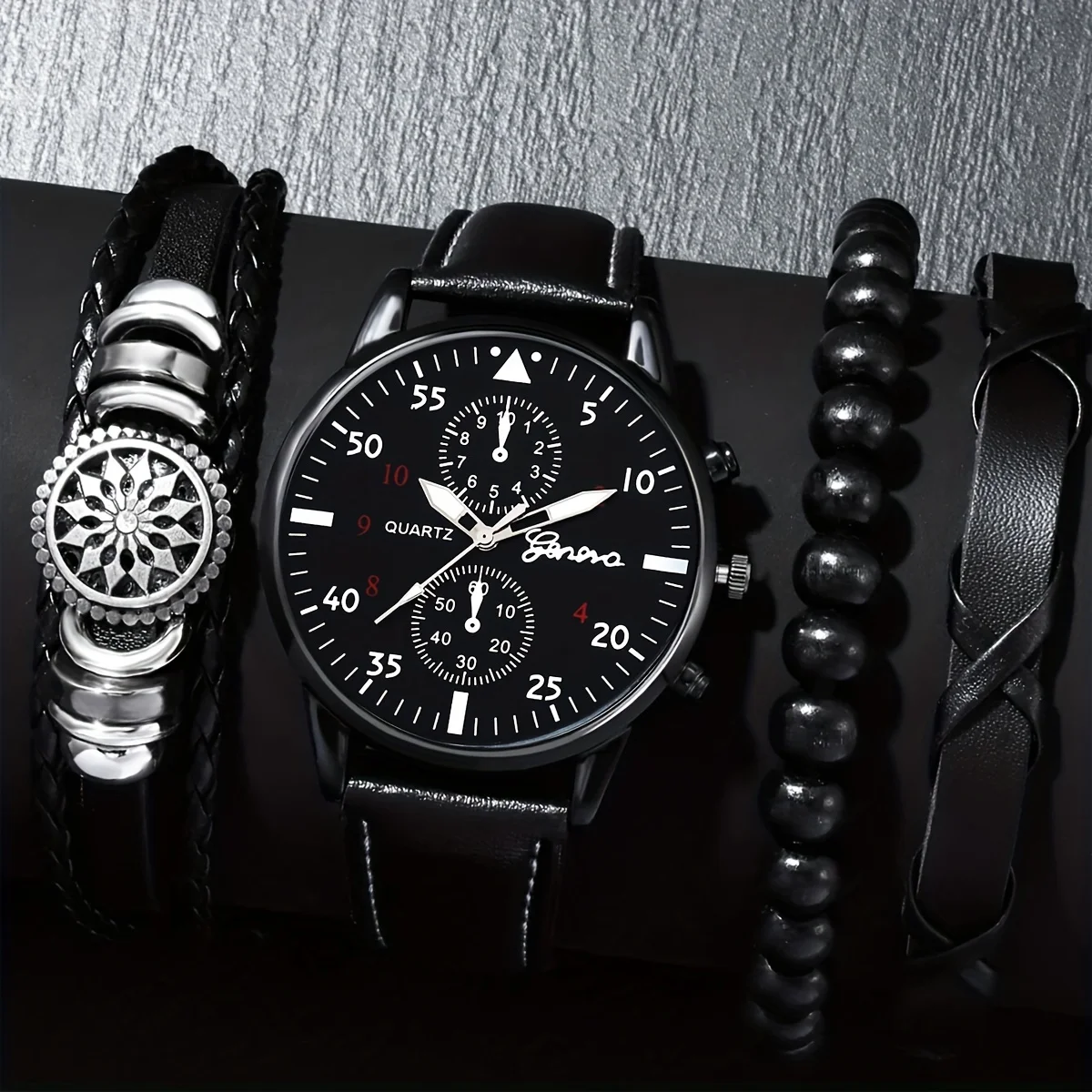 

1 шт./4 шт./комплект, мужские простые цифровые кварцевые часы с тремя глазами и набор из 3 браслетов, идеальный выбор для подарка