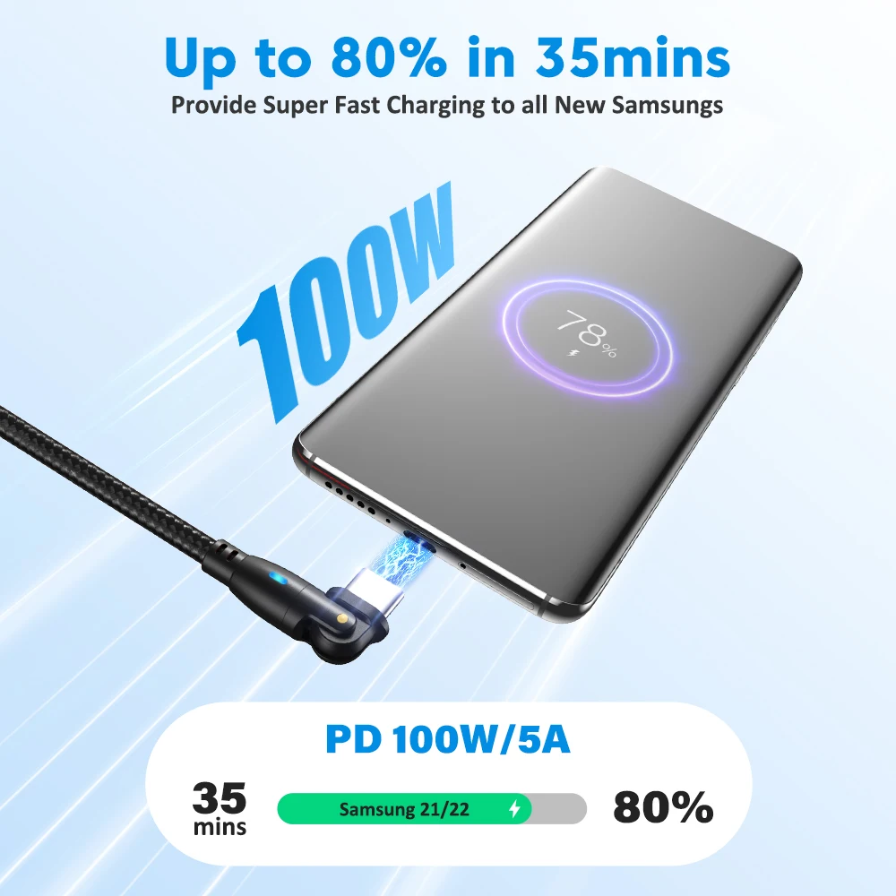 AUFU USB Type C Cable 5A PD100W Fast Charging Charger Wire Cord for MacBook Pro Xiaomi iPad Samsung 180° Rotate USB-C Cable