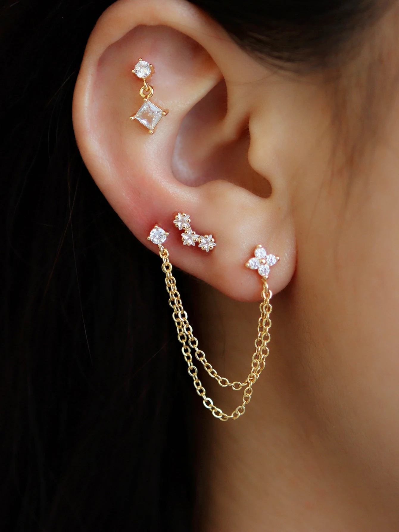 Minimalism CZ Ear Cuff Set: Stackable Chain, Square & Flower Studs