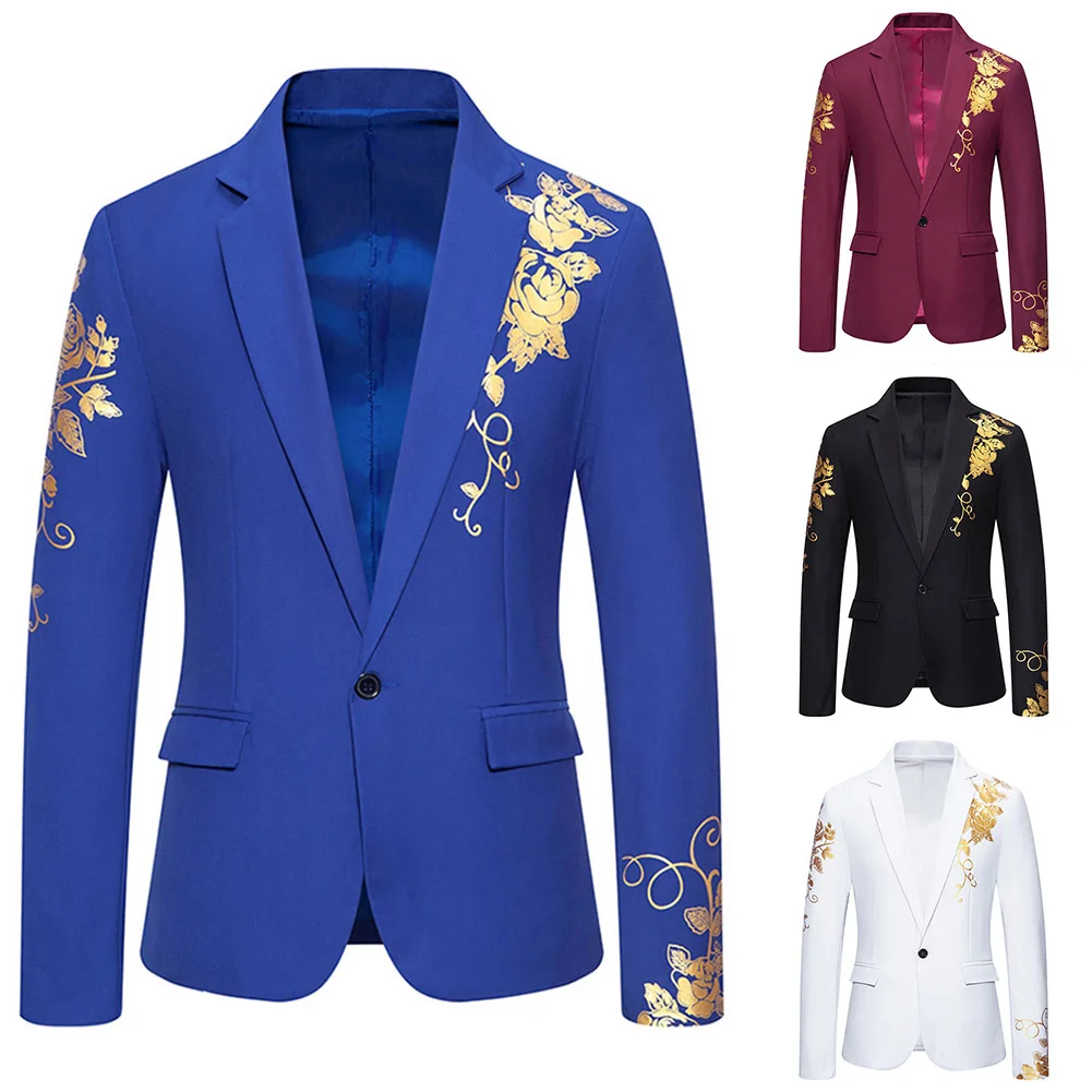 Men Paisley Floral Gold Bronzing Blazer Business Wedding Slim Formal Suit Jacket Trendys Solid Color Basic Versatile Suit