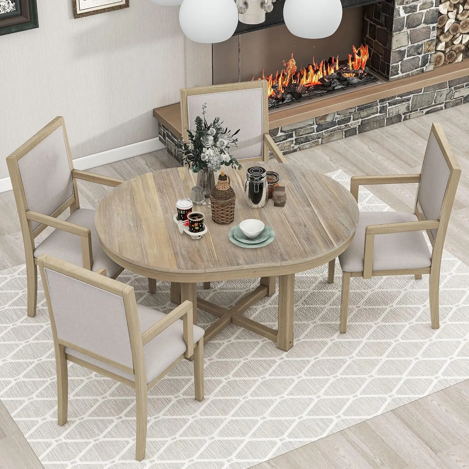 

Dining Table Set for4,5-Piece Wood Round Extendable Kitchen Table&4 Upholstered Dining Chairs with Backrest&Armrest,Natural Wood