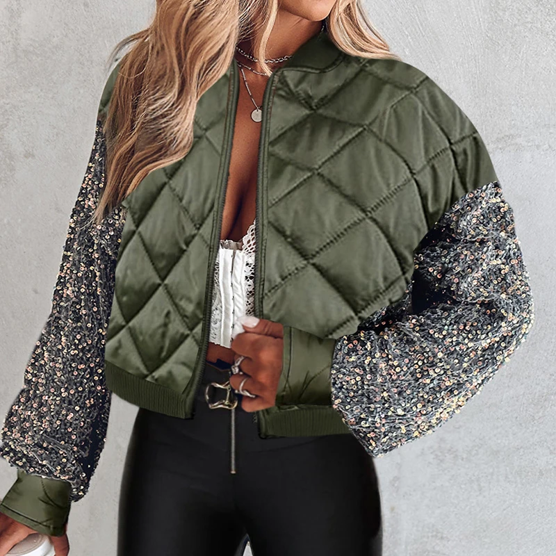 

New Fashion High Street Short Outerwear Women Casual Sequin Patchwork Cotton Jacket Winter Zipper Long Sleeve Warm Baseball Coat