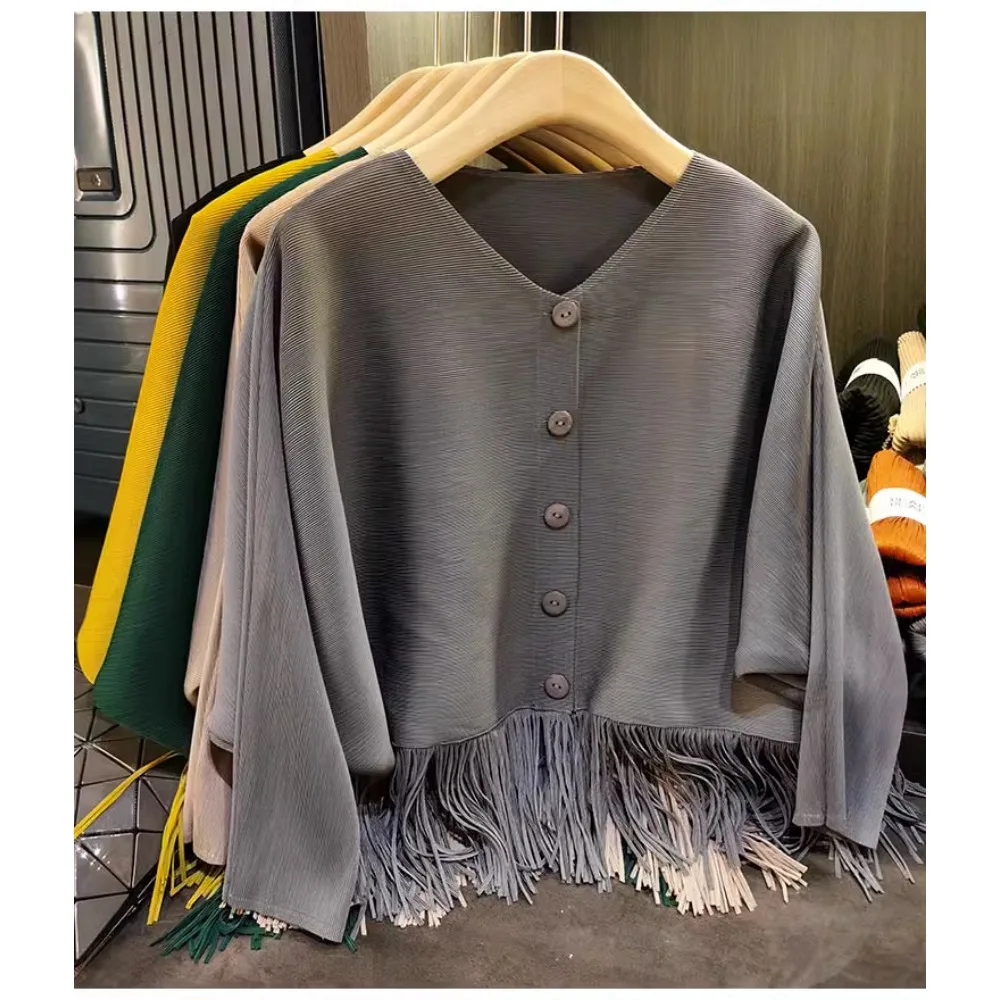 

Classic Solid Color Long Sleeve Miyake Tassel Design Single-breasted Pleated Jacket Women Fall New Loose Cardigan Tops Casual