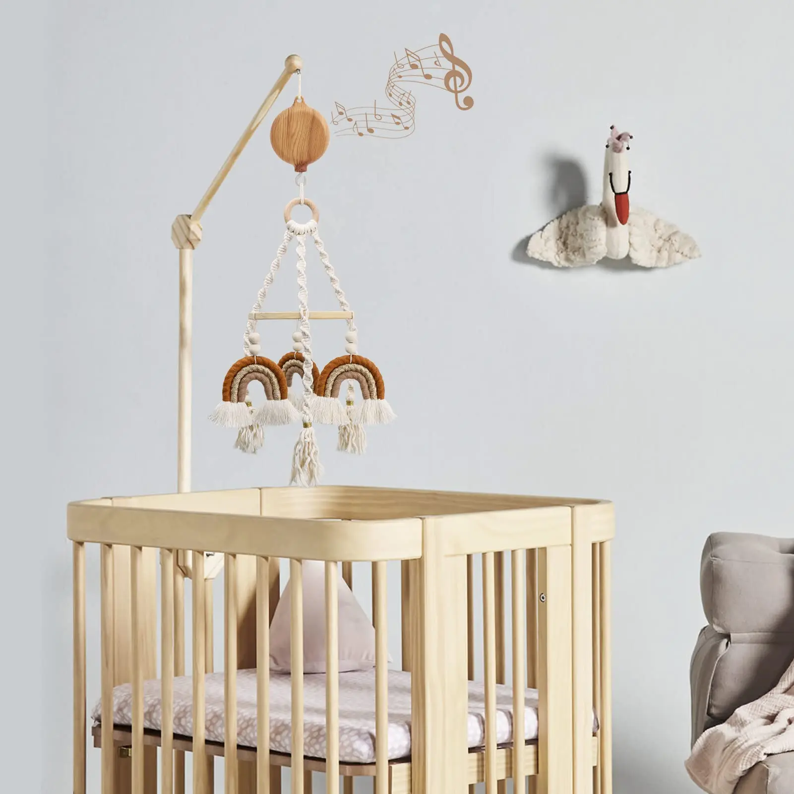 Box Crib Musical Music Baby Mobile Bed Hanging Bell Electric Rotary Toys Motor Accessory Pendant Toy Nursery Plays Wood Grain