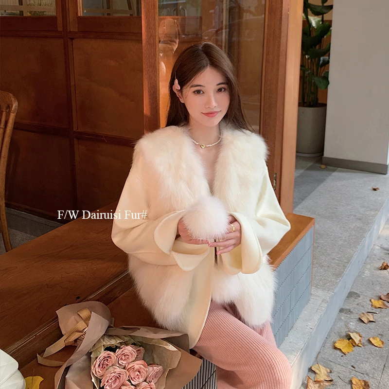 

New korean design Women Natural Fox Fur Collar Cashmere Woolen coats and jackets
