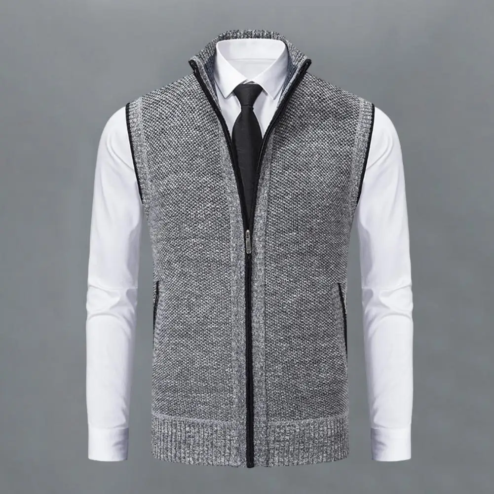 

Warm Men Jacket Stylish Men's Knitted Cardigan Warm Sleeveless Vest with Stand Collar Zip Up Neck Protection for Autumn Winter