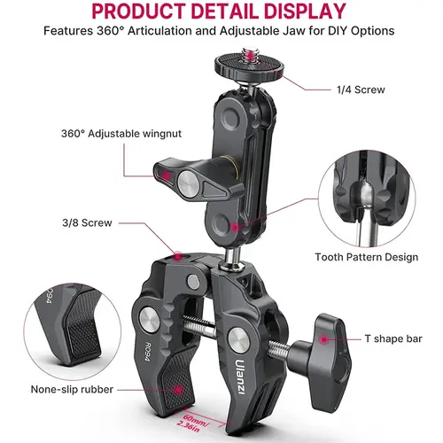 Ulanzi R094 Metal Super Clamp with Double Ball Head Magic Arm Clamp with 1/4" 3/8" Hole for DSLR Camera Monitor Light Mic Mount - Image 3