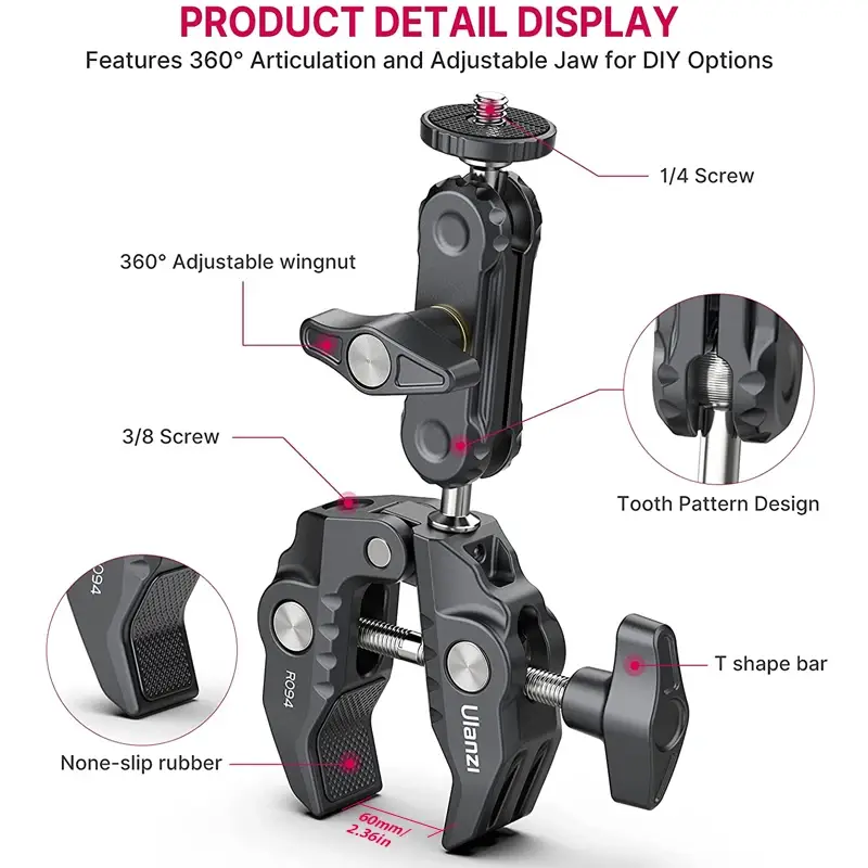 Ulanzi R094 Metal Super Clamp with Double Ball Head Magic Arm Clamp with 1/4" 3/8" Hole for DSLR Camera Monitor Light Mic Mount - Image 3